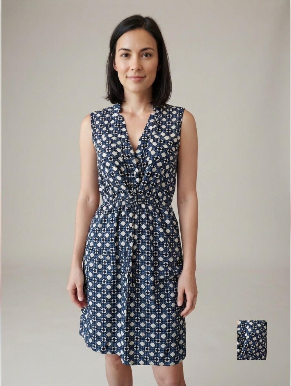 Loft Women's Sleeveless Blue Art Deco Printed Tie-Waist Dress With Pockets Small